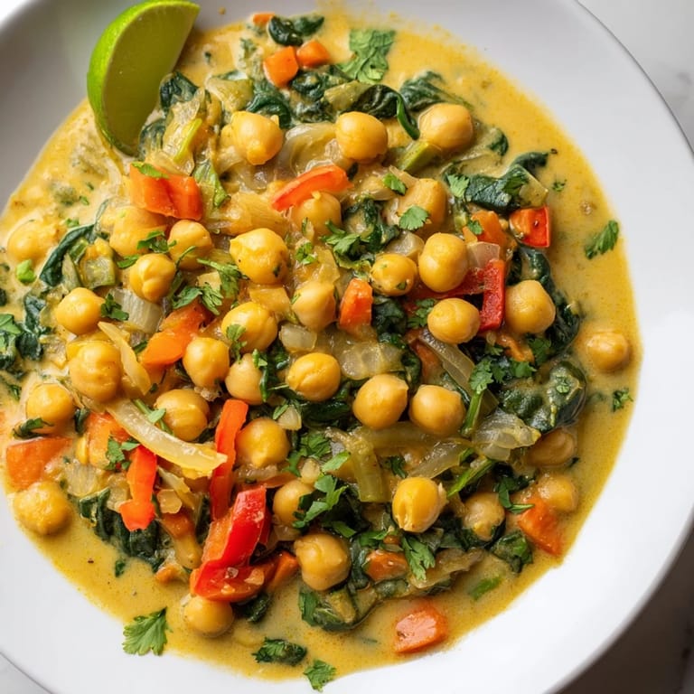 Creamy Chickpea Curry One-Pot, garnished with fresh cilantro, offering a flavorful and balanced, one-dish meal.