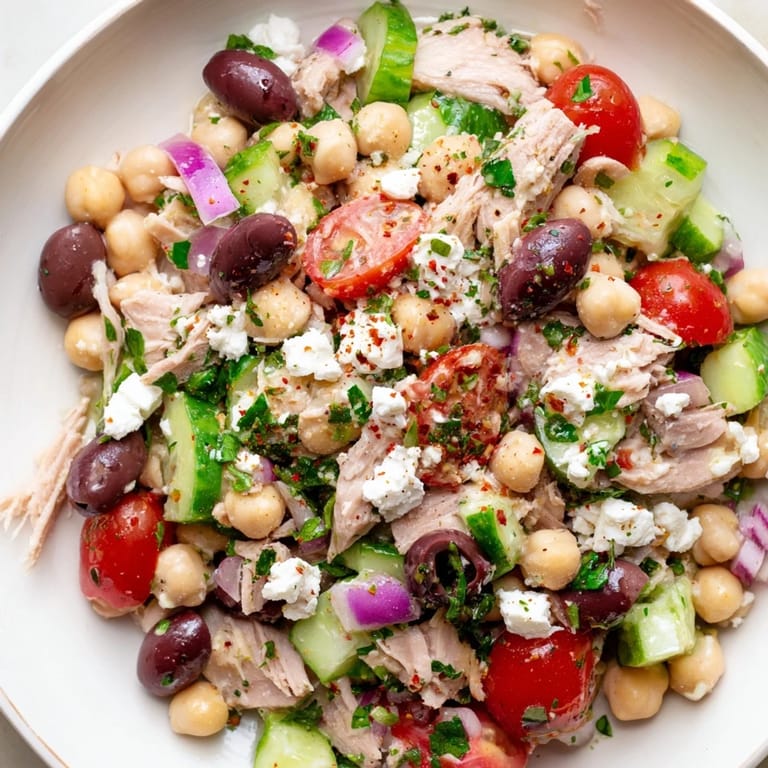 A close-up of delicious Tuna Chickpea Salad, showcasing its colorful mix of protein and veggies.