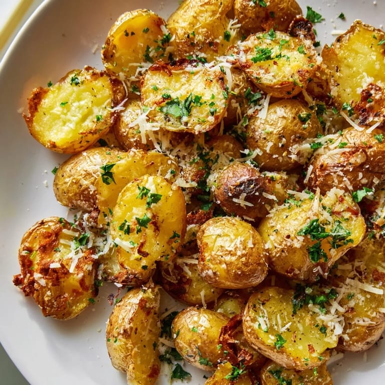 Smashed Garlic Parmesan Potatoes, fragrant with garlic, generously coated in Parmesan cheese and herbs.