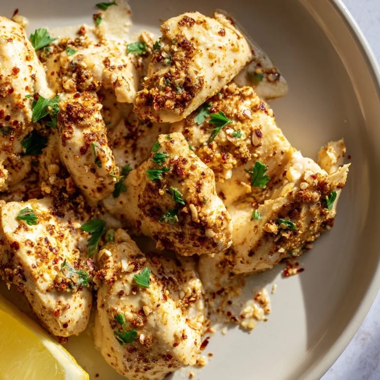Juicy Greek Yogurt Chicken breasts, bursting with Mediterranean flavors, served with lemon wedges for a bright finish.