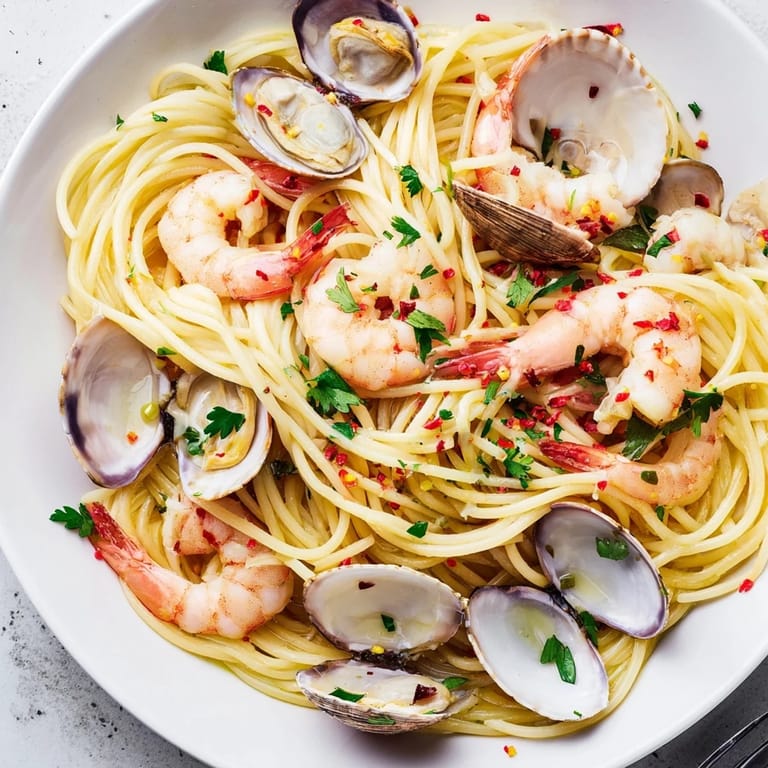 A steaming bowl of Seafood Pasta Aglio e Olio with parsley garnish, ready for a delicious Italian meal.