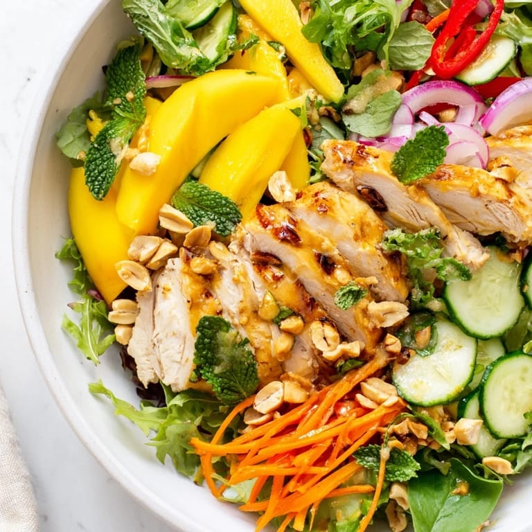 A close-up view of a flavorful Thai Mango Chicken Salad, perfectly plated and ready to eat.