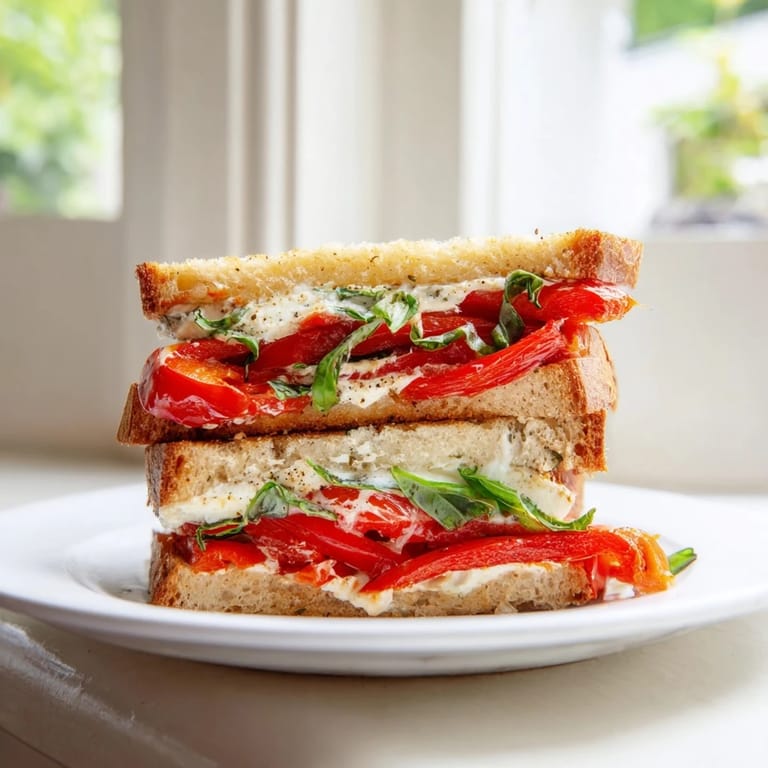 A close-up of a perfectly grilled Roasted Red Pepper Grilled Cheese, with bubbling cheese and toasted bread.