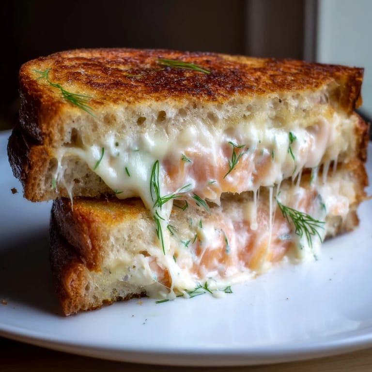 Warm and gooey Smoked Salmon Grilled Cheese sandwich, a gourmet delight with fresh dill and flavorful cheese.