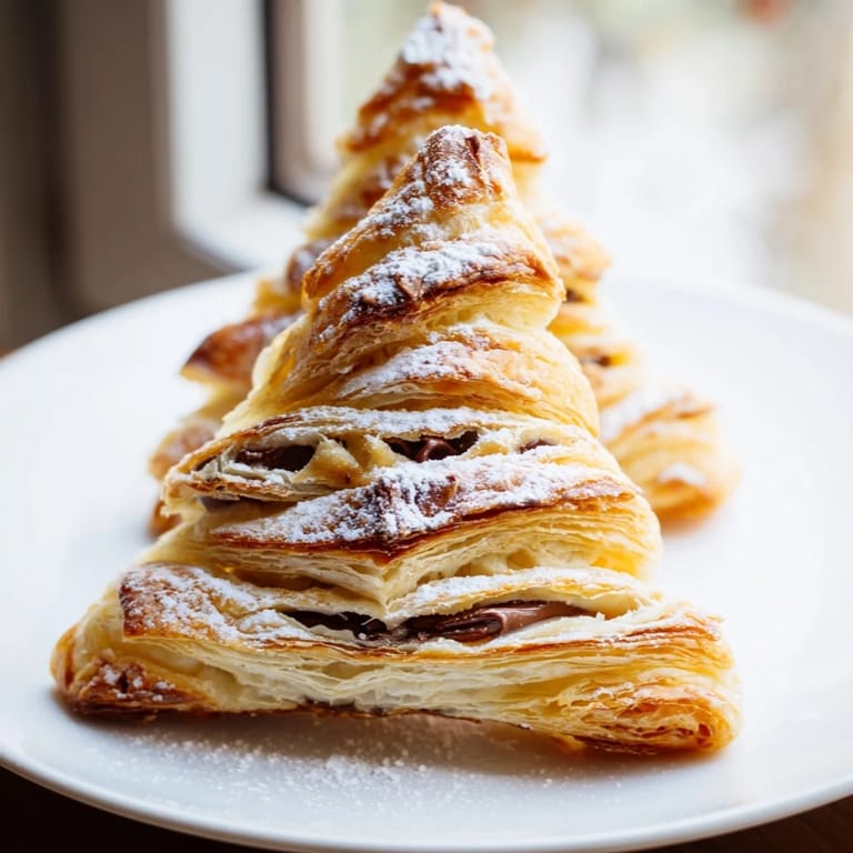 Festive Nutella Pastry Christmas Trees, crispy and flaky, drizzled with powdered sugar for Christmas celebrations.