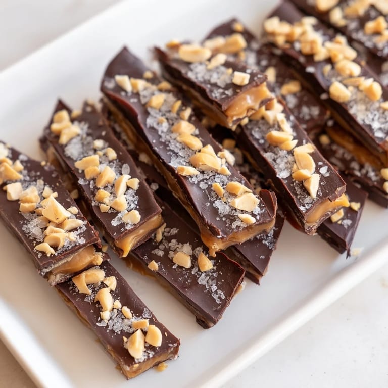 Date Bark Snickers-Style image: Close up of layered date dessert, rich peanut butter, chocolate topping.