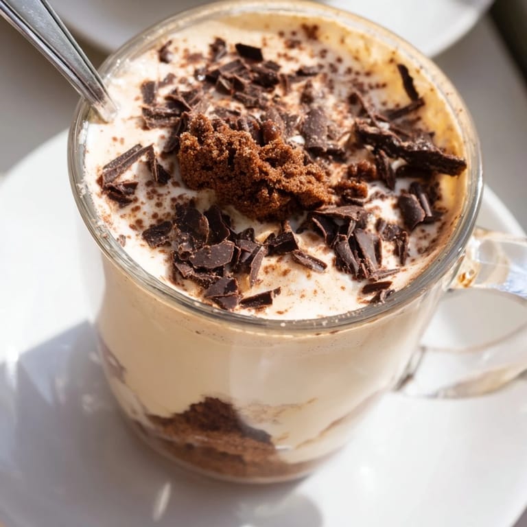 A close-up shot of a Tiramisu Latte, revealing layers of cream, espresso biscuits, and cocoa dusting.