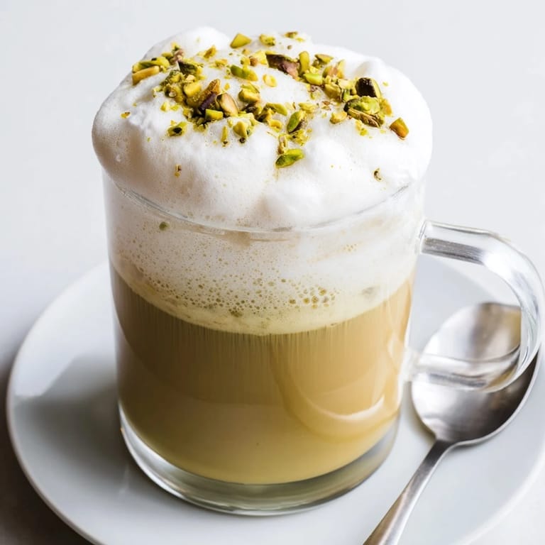 Frothy cold foam crown adorns a homemade Pistachio Latte, a visually enticing café-quality drink.