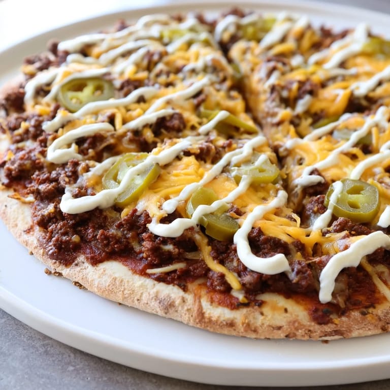 Freshly baked Ground Beef Taco Pizza, topped with a creamy sour cream drizzle and vibrant toppings.