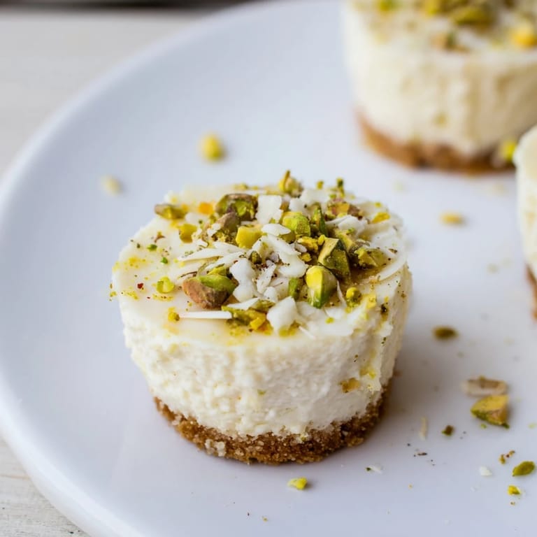 Indulge in these elegant Pistachio Cheesecake Bites, showcasing a smooth filling and delightful pistachio topping.