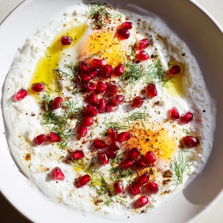 Enjoy the colorful Çılbır: creamy yogurt and poached eggs drizzled with sumac, served beautifully.
