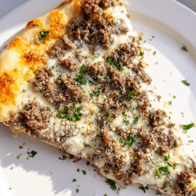 This delicious Ground Beef Alfredo Pizza shows a close-up of melted mozzarella and savory beef.