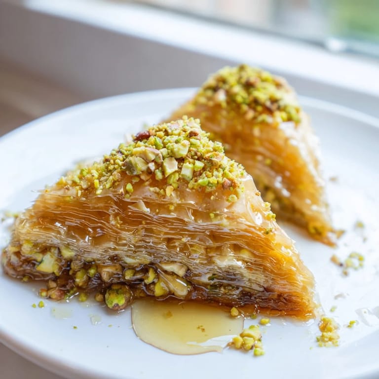 Enjoy the crispy layers of Turkish Hazelnut & Pistachio Baklava, a delightful treat with rich nutty flavors.