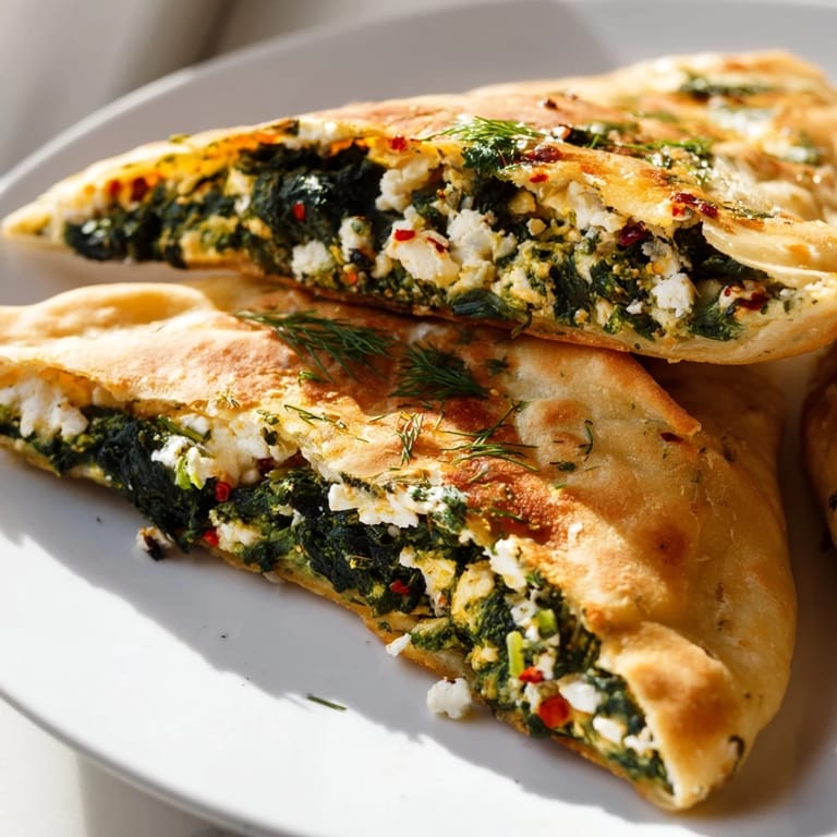 This image presents warm Turkish spinach & feta flatbread, ready to slice and enjoy with fresh herbs.