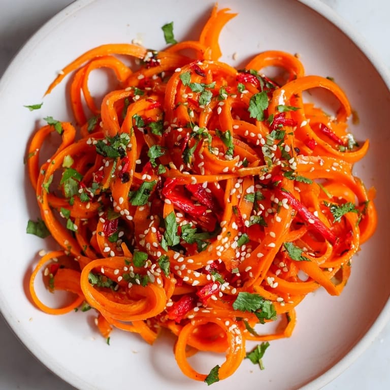 Serving suggestion for Carrot Ribbon Salad Asian-Style, presented on a wooden platter next to grilled tofu for a light vegan meal.