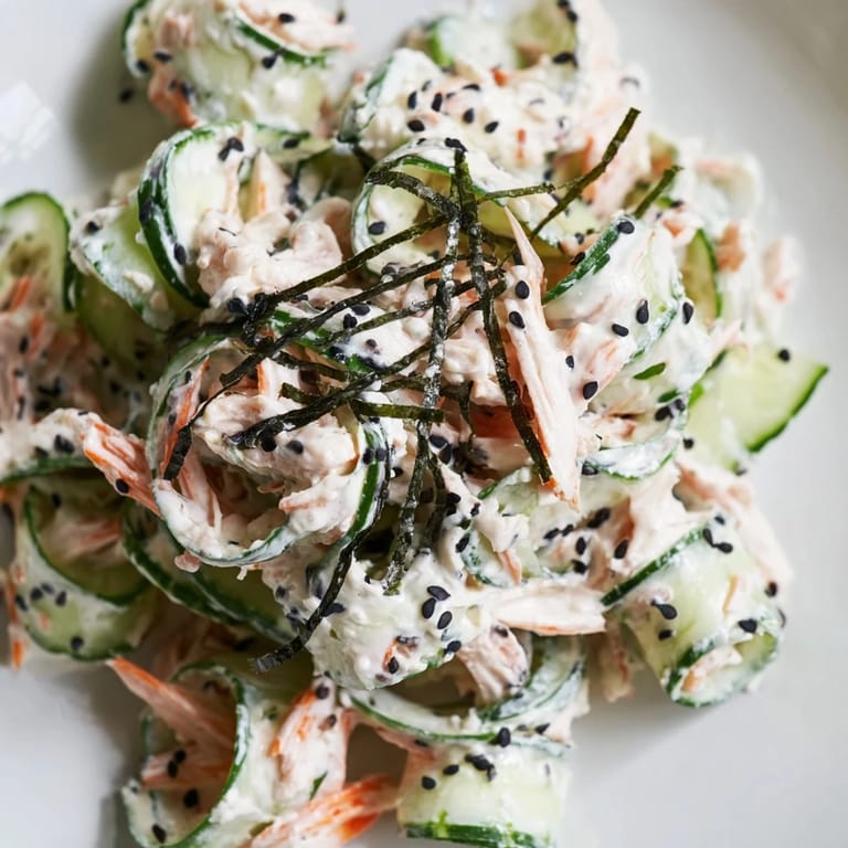 Tangy California Roll Cucumber Salad tossed with crisp cukes, tender crab, and sesame dressing, ready to serve.