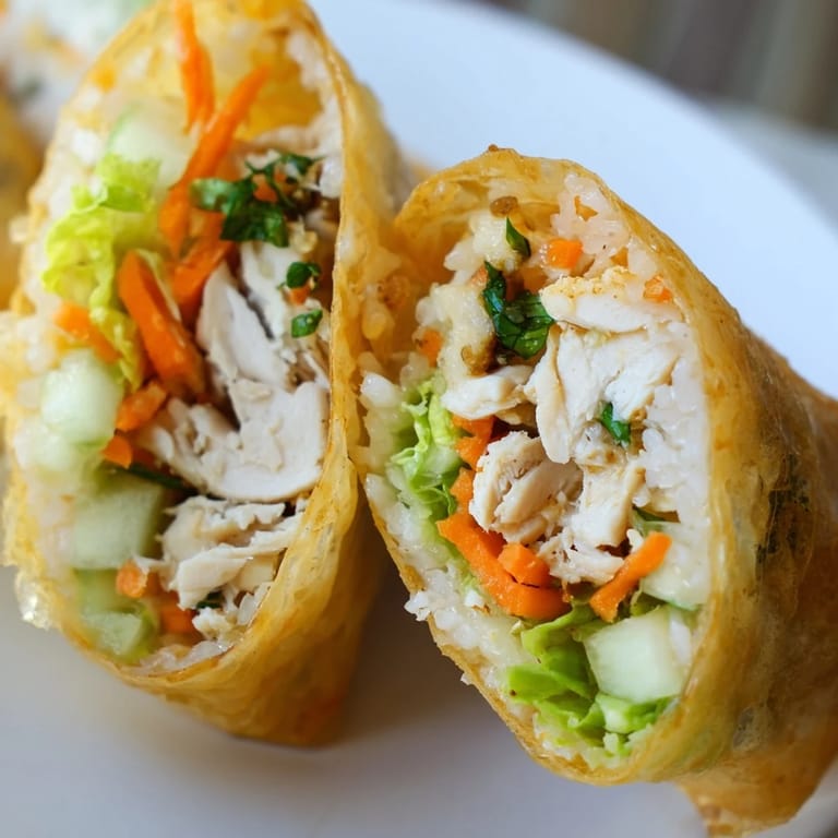 Close-up of Garlicky Pulled Chicken Wraps showing crispy rice paper and herbed chicken filling.