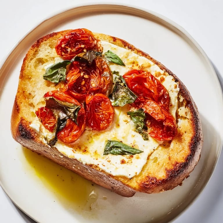 Mediterranean baked feta toast served warm, featuring melted cheese and sweet roasted cherry tomatoes.
