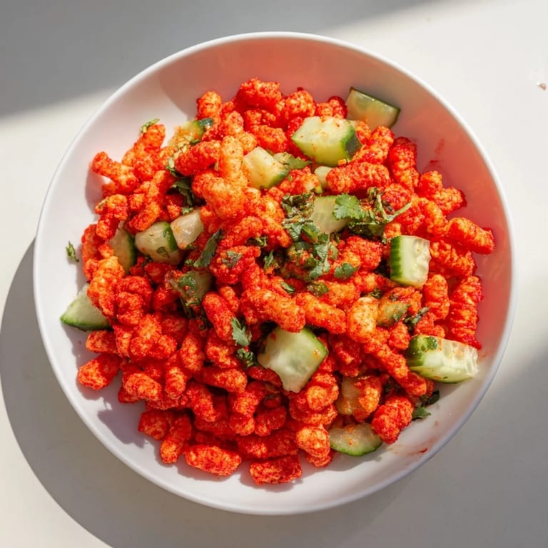 Ready in just ten minutes, this quick Flamin Hot Cheeto Salad offers a crunchy texture and zesty lime hot sauce dressing.  