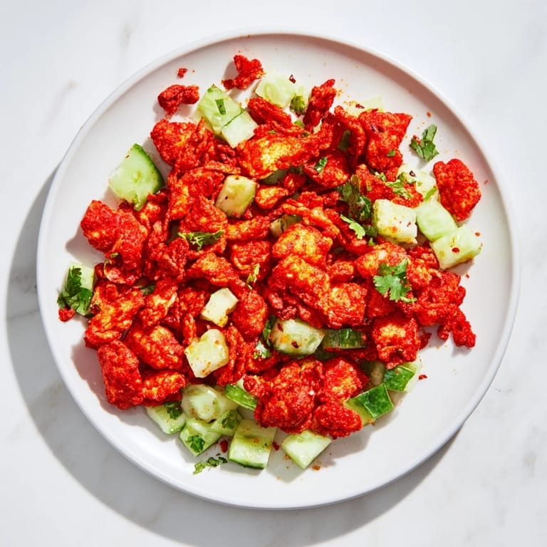 Perfect as a bold snack or side, this Flamin Hot Cheeto Salad highlights vibrant red crumbs and green herbs.