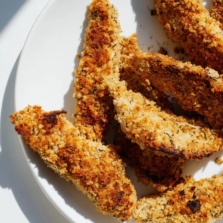 Served with a dipping sauce alongside, these Crispy Panko Chicken Strips are arranged on a rustic plate, highlighting their juicy interior and crisp, golden exterior.  