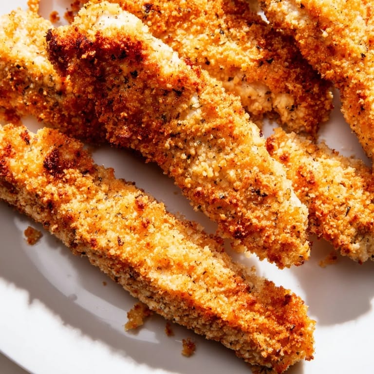 Close-up view of Crispy Panko Chicken Strips, revealing the textured herbed panko crust and a tender chicken center, ideal for visual recipe inspiration.