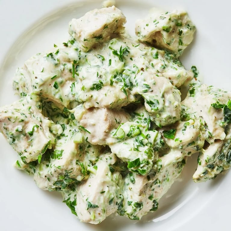 Juicy Green Goddess Chicken Salad nestled over vibrant greens, featuring halved cherry tomatoes and a drizzle of creamy dressing.