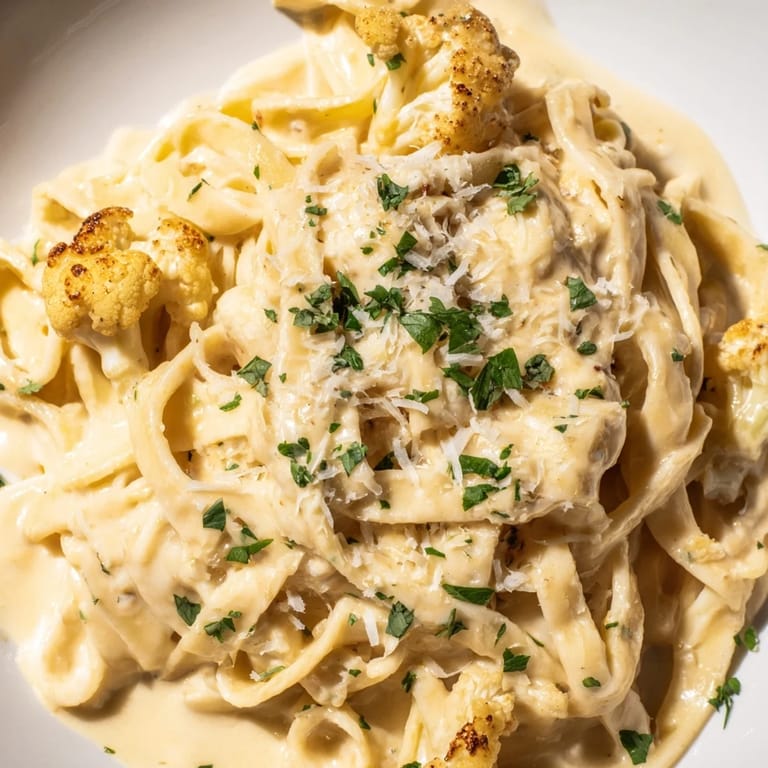 A fork twirls through creamy Roasted Cauliflower Alfredo served hot, garnished with fresh parsley and extra grated Parmesan.  