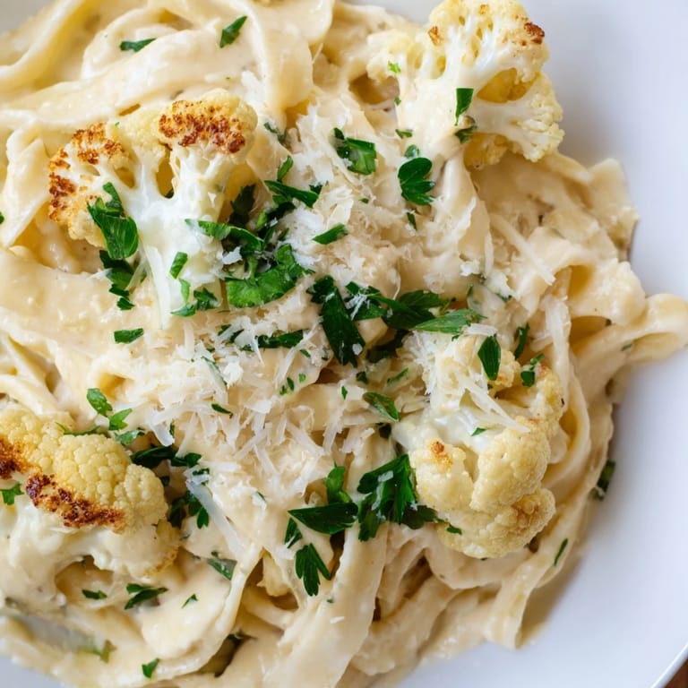 Golden roasted cauliflower blends with garlic and Parmesan in a light Roasted Cauliflower Alfredo sauce over fettuccine.