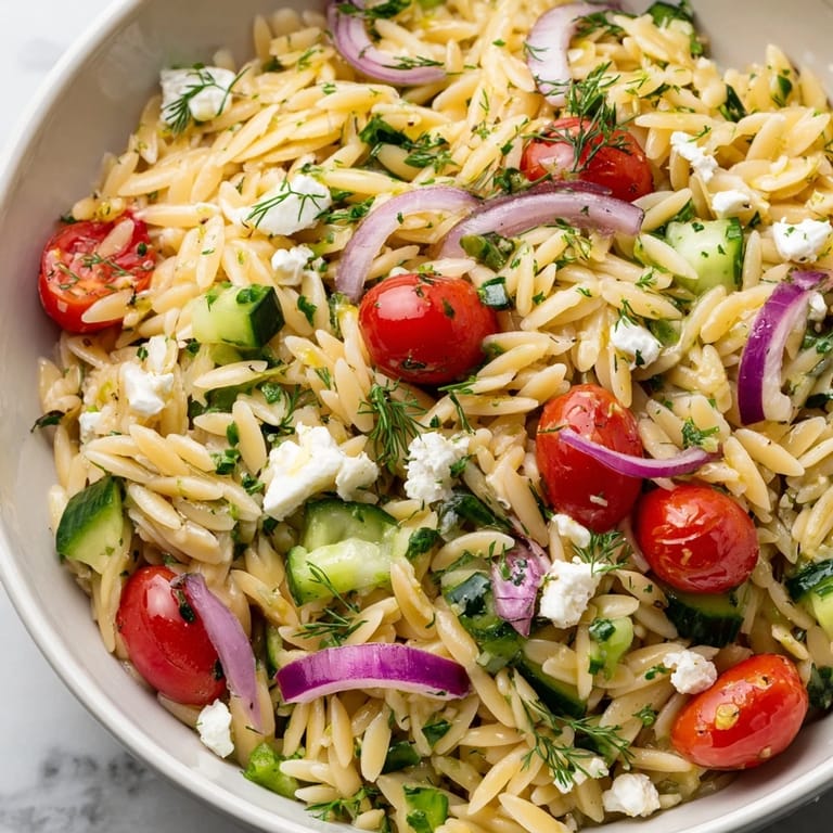 Serving suggestion for Greek Orzo Salad, a refreshing Mediterranean side dish with Kalamata olives and fresh herbs, ideal for picnics and potlucks.