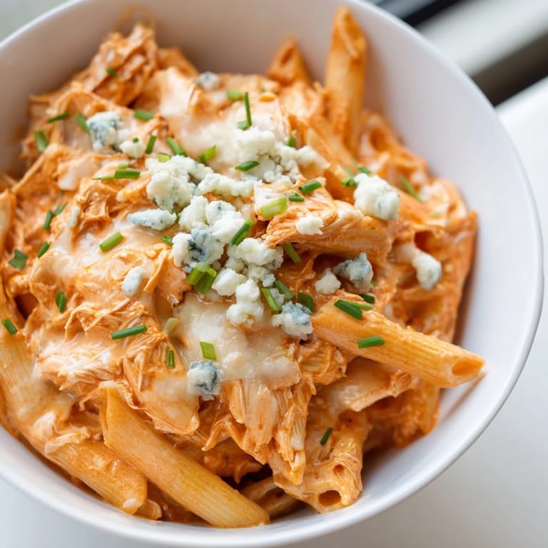 Spicy Buffalo Chicken Pasta tossed with penne, rich cream cheese sauce, and fresh chives, ready to serve for dinner.  