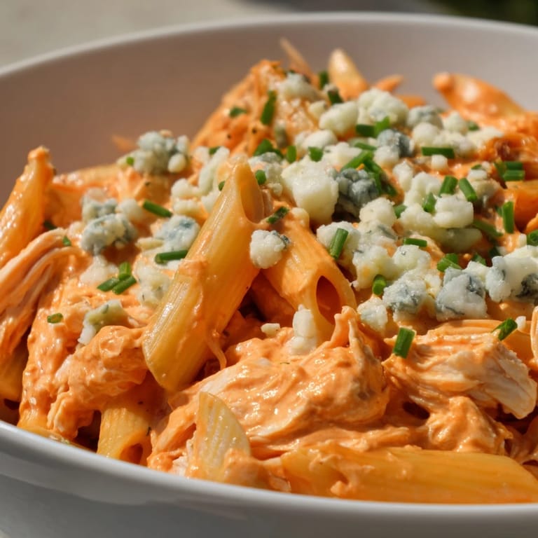 Hearty Buffalo Chicken Pasta featuring tender shredded chicken, melted mozzarella, and buffalo wing sauce for a spicy, comforting meal.