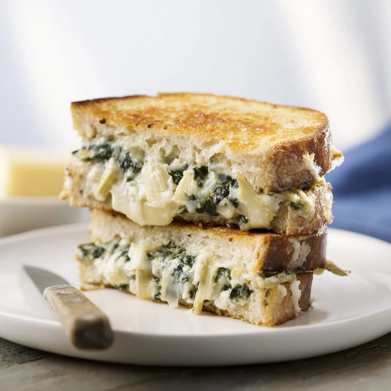 Sliced halves of spinach artichoke grilled cheese reveal a rich, garlicky filling on a cozy lunch plate.