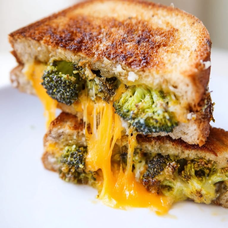 A close-up of the Roasted Broccoli & Cheddar Grilled Cheese reveals golden crust and tender broccoli nestled in melted cheese.
