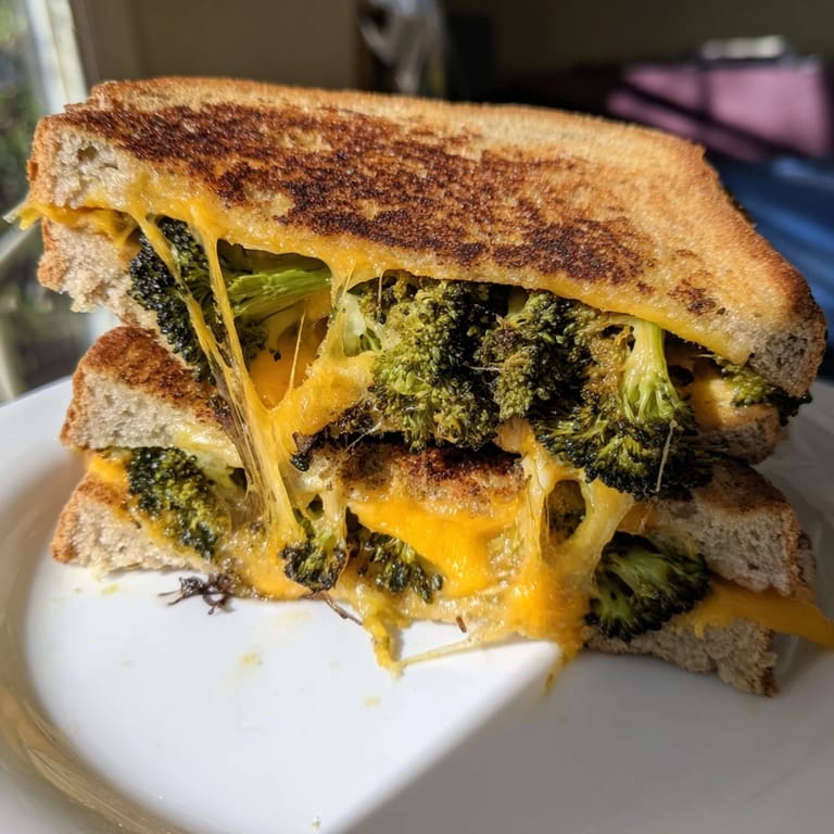 This savory Roasted Broccoli & Cheddar Grilled Cheese showcases crispy bread and gooey cheese, perfect for a cozy lunch.  