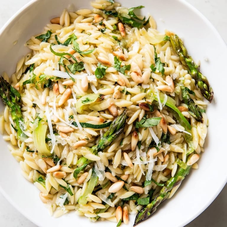 Zesty lemon dressing glistens on every spoonful of this Asparagus Lemon Orzo Salad, featuring bright greens, al dente pasta, and optional baby arugula for a fresh Mediterranean side.