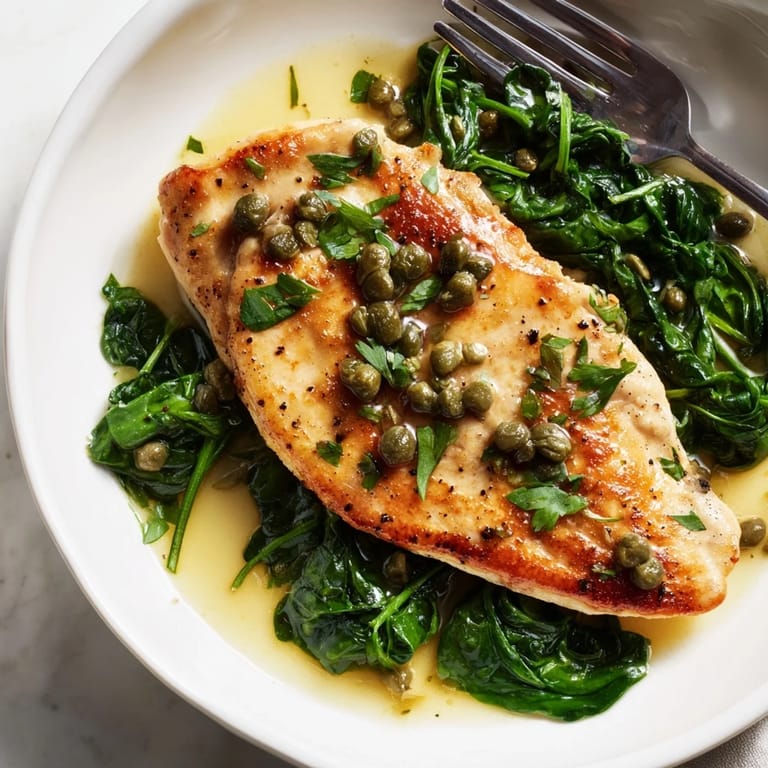 Golden-brown Spinach Lemon Butter Chicken bathed in bright lemon-butter sauce, plated beside garlicky wilted spinach.
