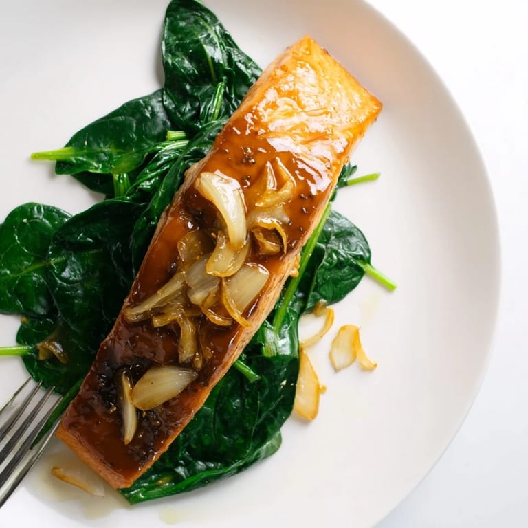 Freshly baked miso salmon sits atop tender, wilted spinach leaves, showing visible ginger threads and a glossy umami glaze on the fillets.