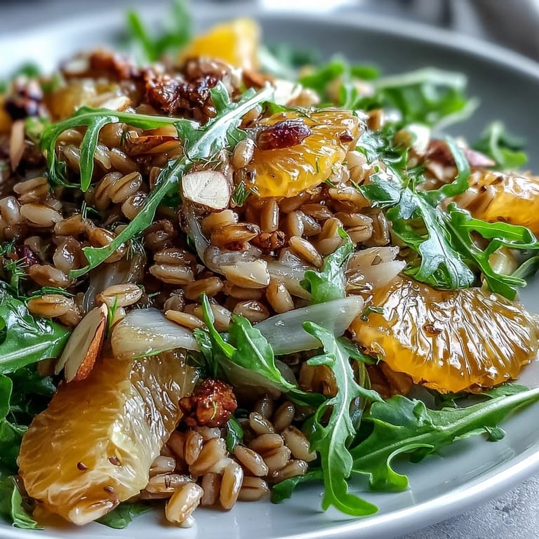 A fork lifts a wholesome serving of Farro Salad with Fennel, Oranges, and Almonds, tossed with arugula and citrus dressing.