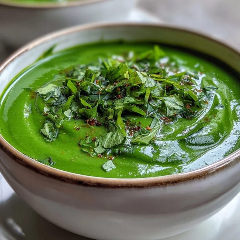 Healthy Spinach Coriander Lemongrass Soup with fresh herbs and creamy coconut milk.