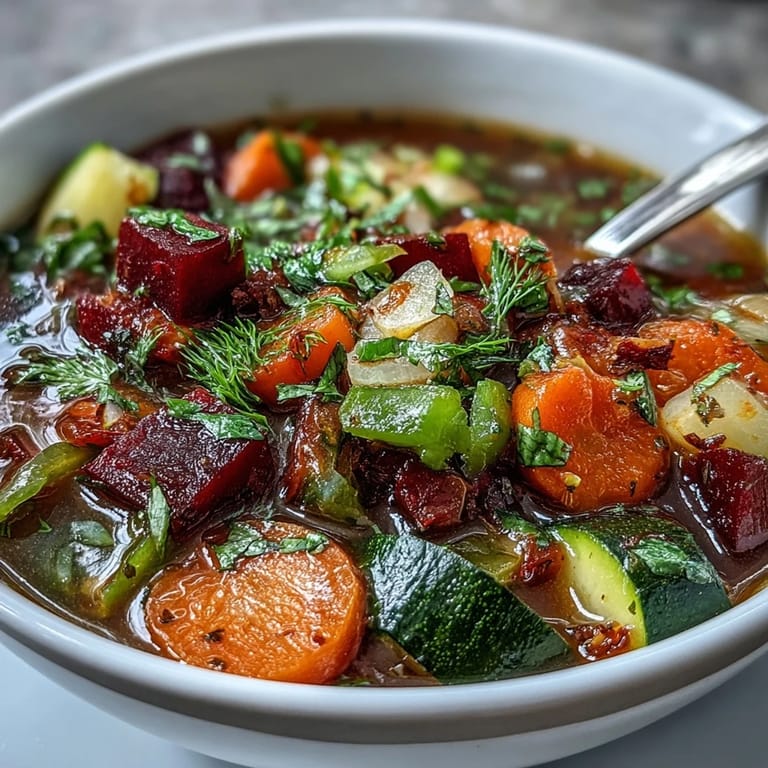 Hearty Rainbow Vegetable Detox Soup, featuring tender root vegetables and zesty lemon notes.