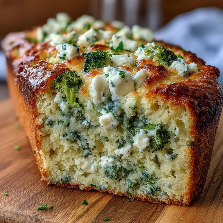 Slices of savory Broccoli and Feta Loaf on a wooden board, perfect for a Mediterranean-style lunch.