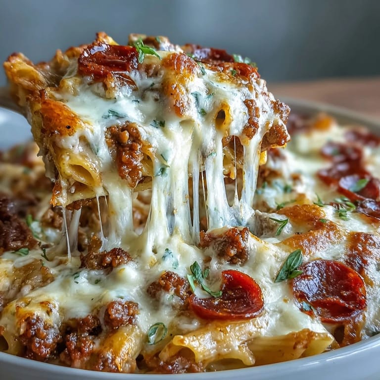 A slice of High Protein Italian Beef and Pasta Bake lifted on a fork, revealing hearty lean beef, spinach, and peppers beneath bubbly cheese.