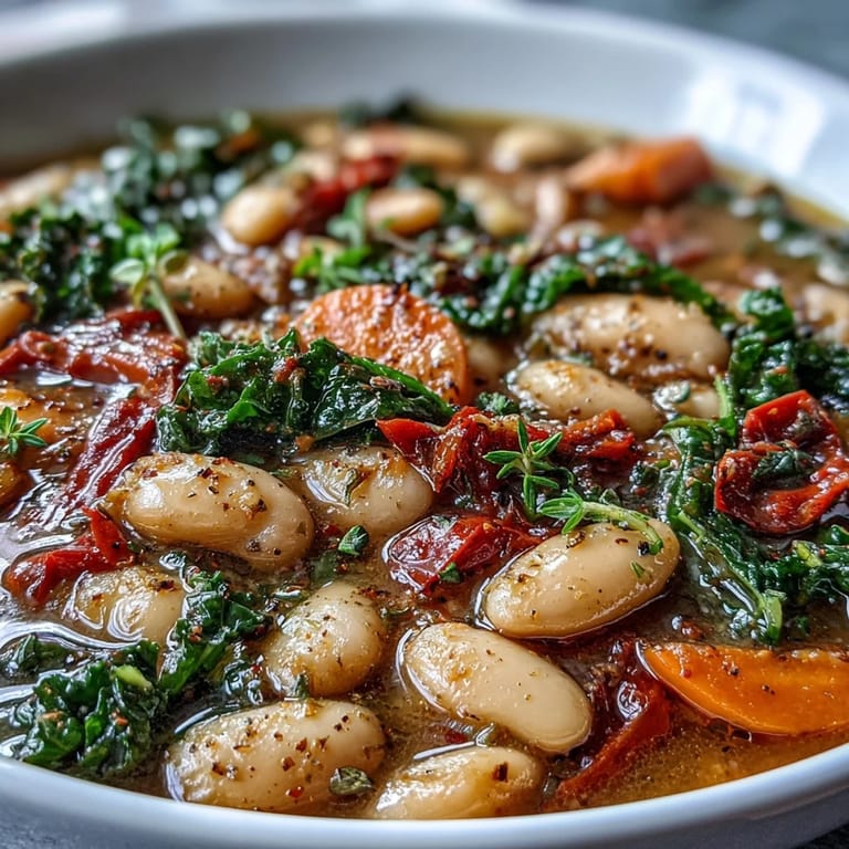 Golden Greek-inspired Mediterranean White Bean Stew with fragrant herbs, ready to serve.