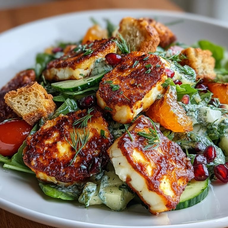 A hearty serving of Halloumi Blood Orange Fattoush, featuring juicy citrus, fried cheese, and crisp greens tossed in a zesty dressing.