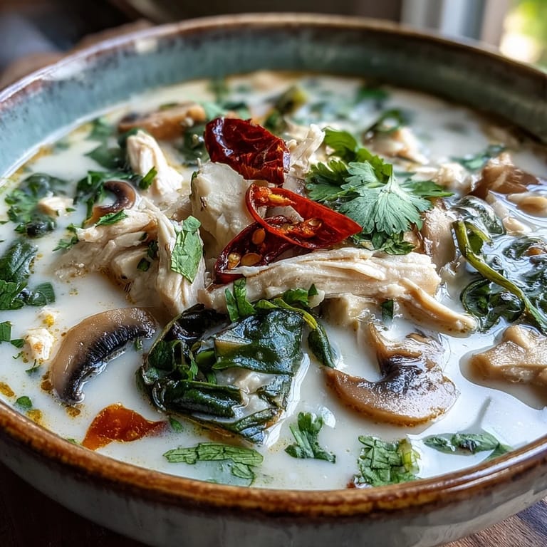 Creamy Authentic Tom Kha Gai soup in a white bowl, paired with lime wedges and steamed jasmine rice.