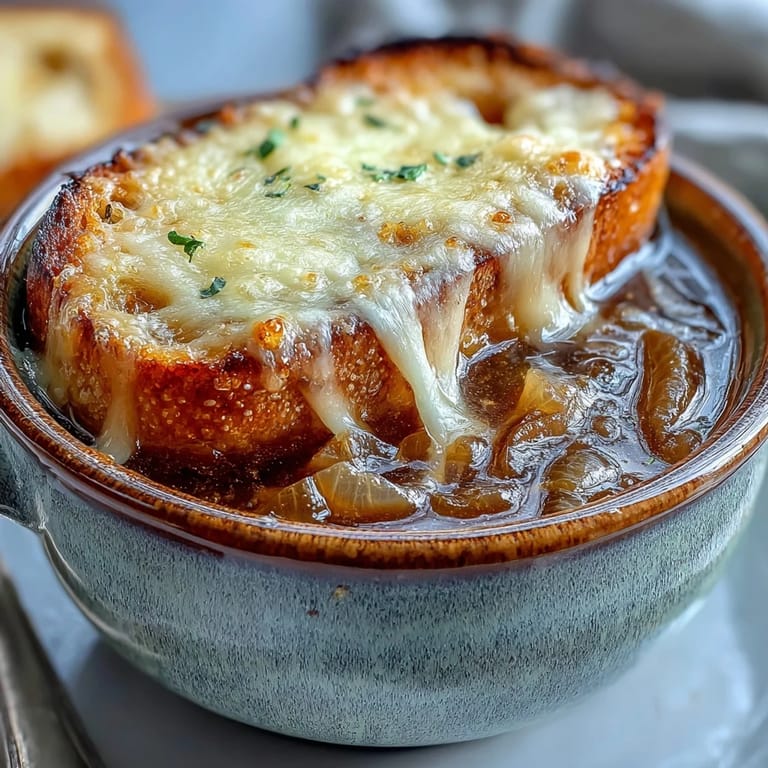 A comforting bowl of French Onion Soup with toasted bread and bubbly, golden cheese, perfect for a cozy dinner.