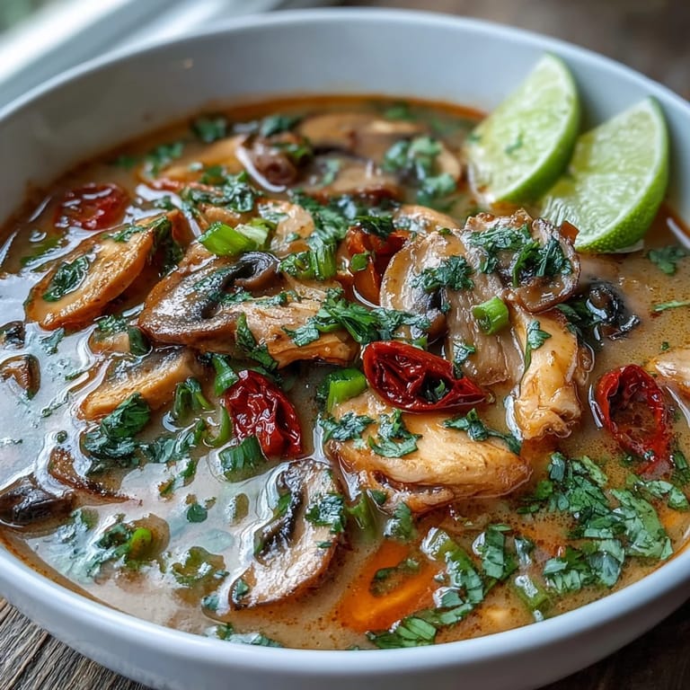 Aromatic Thai Tom Yum Chicken broth infused with lemongrass, galangal, and chilies for a vibrant meal.