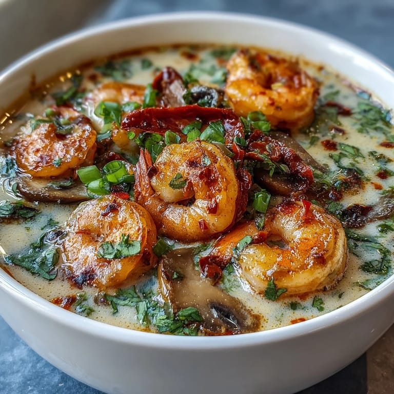 Spicy and tangy Thai Coconut Shrimp Soup garnished with cilantro and lime wedges, served hot alongside steamed jasmine rice.