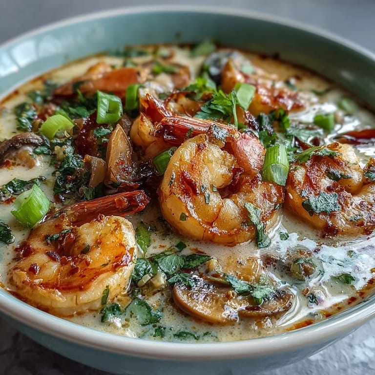 Vibrant red curry Thai Coconut Shrimp Soup featuring tender shrimp, sliced mushrooms, and aromatic lemongrass in a coconut milk broth.